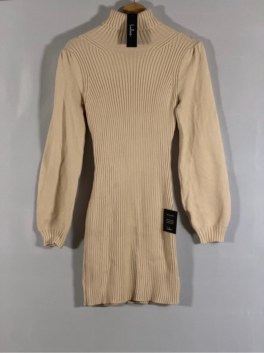 NWT Lulus Cream Ribbed Sweater Dress Sleeve Mock Neck Womens Size S